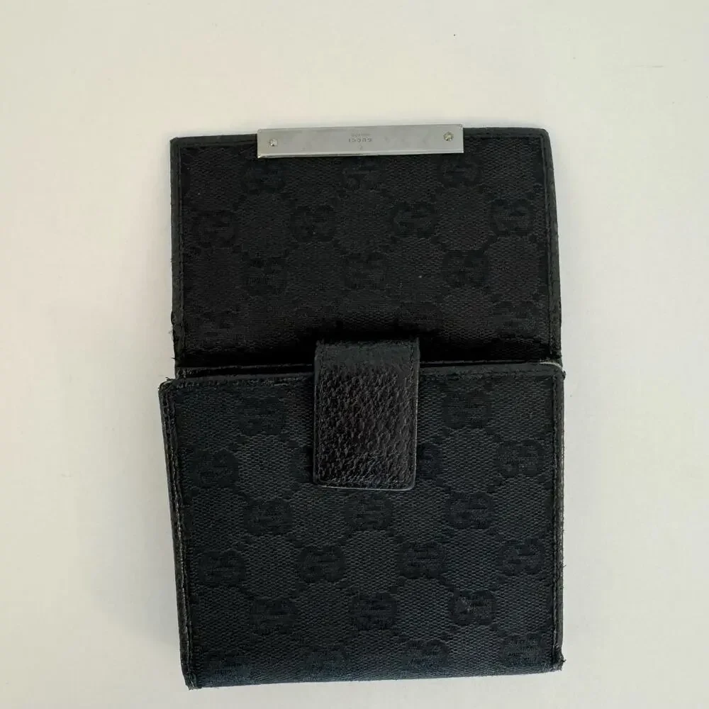 Gucci Double Sided Canvas GG Logo Leather Trim Bifold Wallet Black - Picture 9 of 15